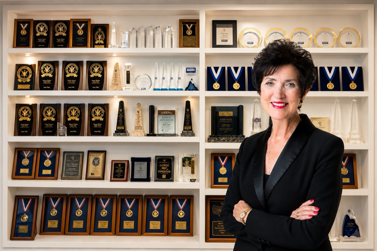 Joan with her award wall